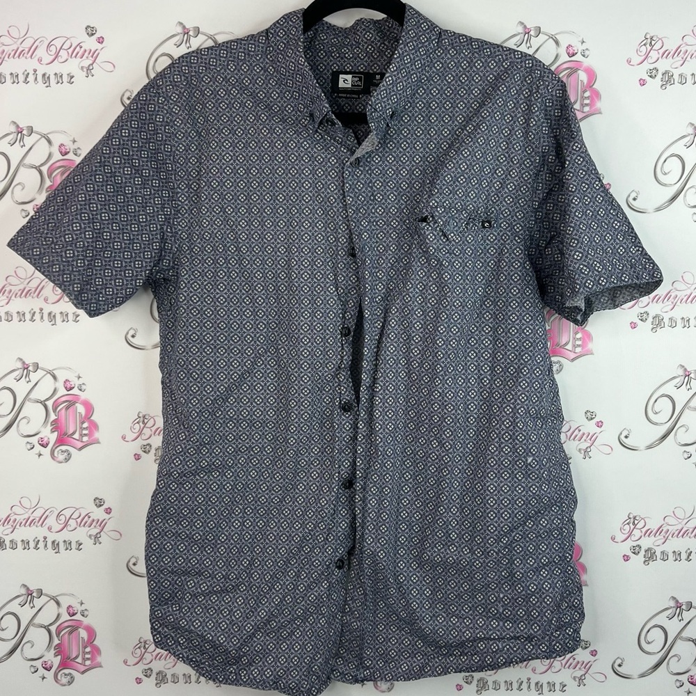 Rip Curl button up collared paisley blue Navy Geometric Short Sleeve Shirt